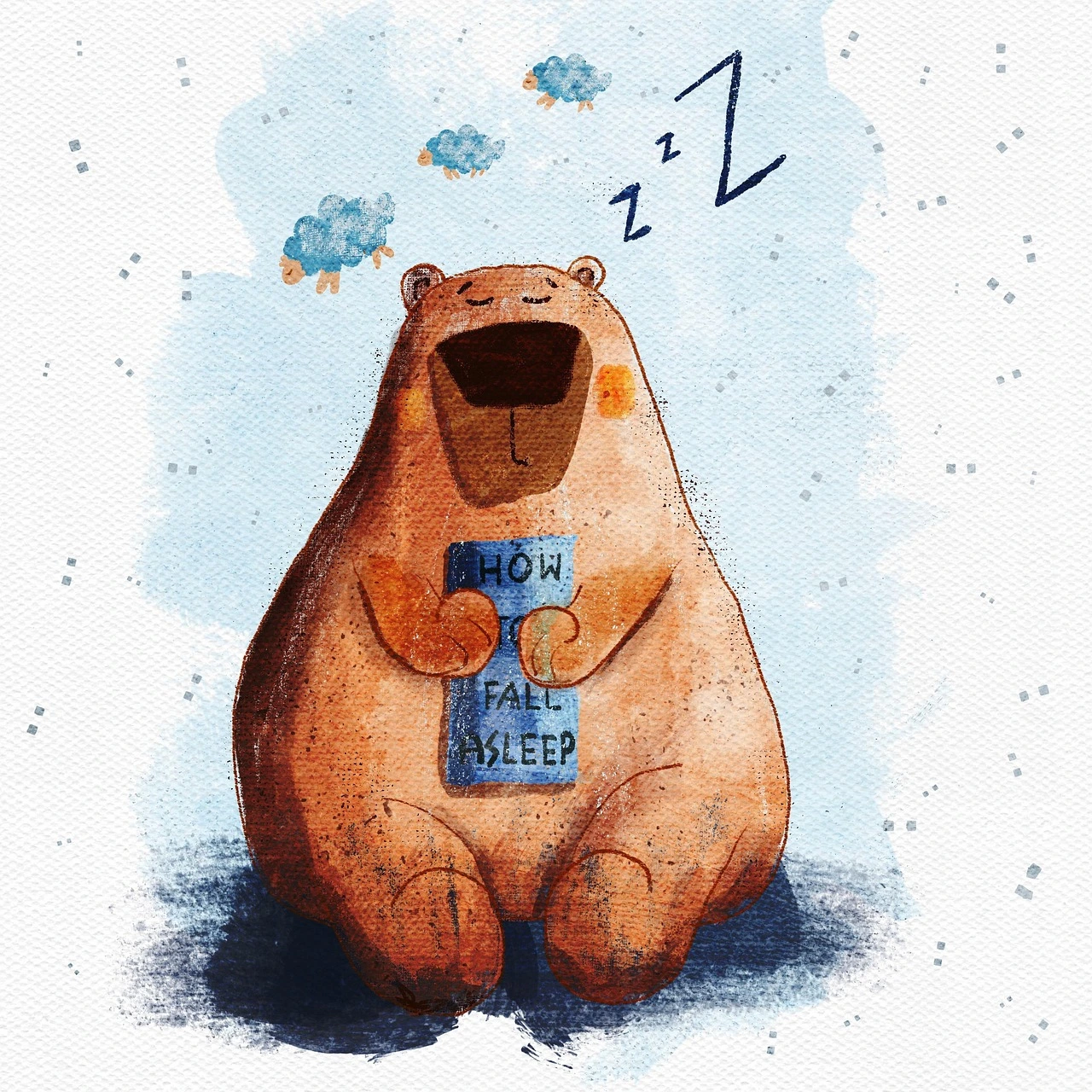 Cute bear struggling to fall asleep holding book