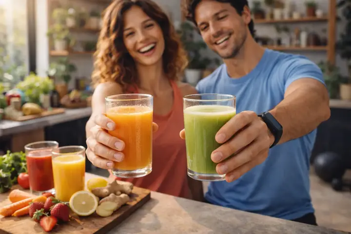 Healthy immunity-boosting juices for women in a modern kitchen